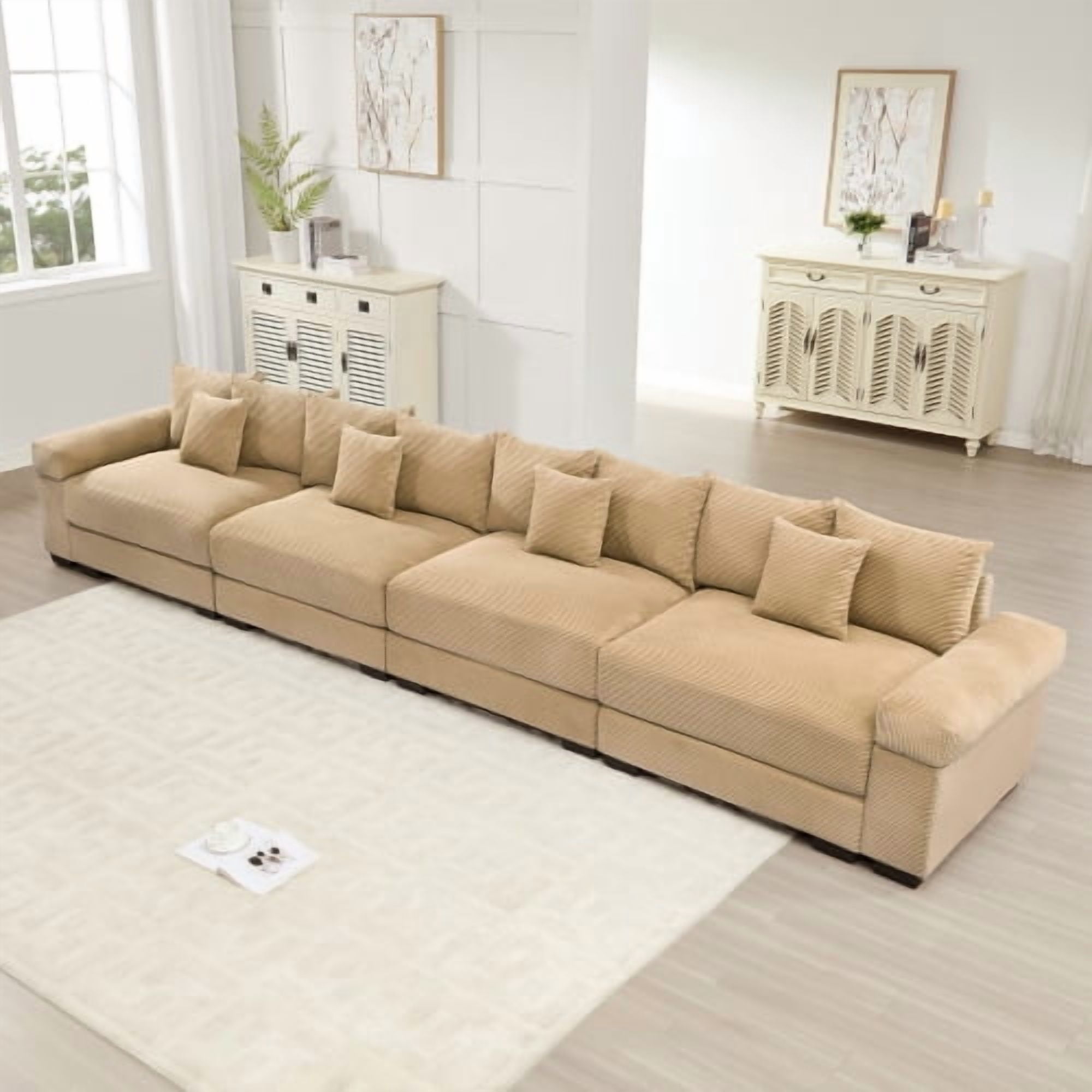 Anpport 170" Oversized Cloud Modular 4-Seater Camel Corduroy Sofa, 12 Throw Pillows Included, Washable Removable Covers, Double-Layer Thick Cushions, Wide Armrest