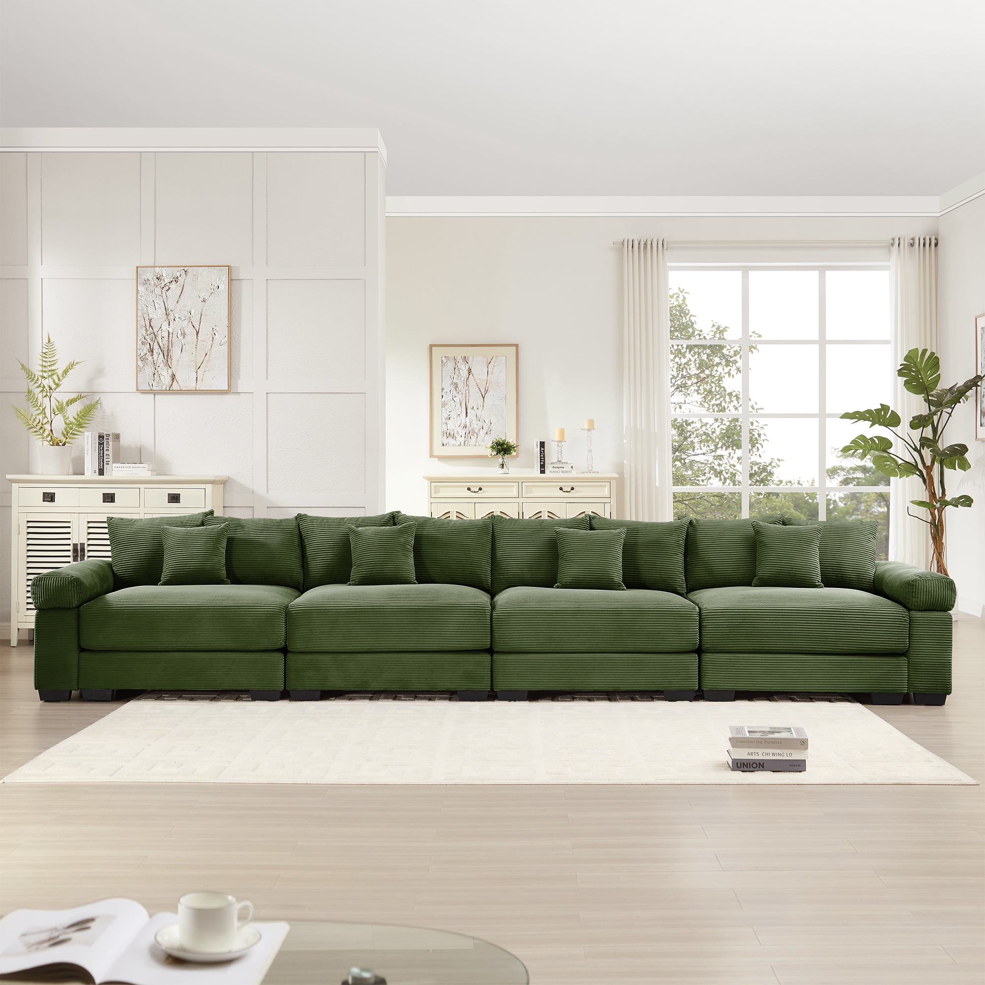 Anpport 170" Oversized Cloud Modular 4-Seater Green Corduroy Sofa, 12 Throw Pillows Included, Washable Removable Covers, Double-Layer Thick Cushions, Wide Armrest