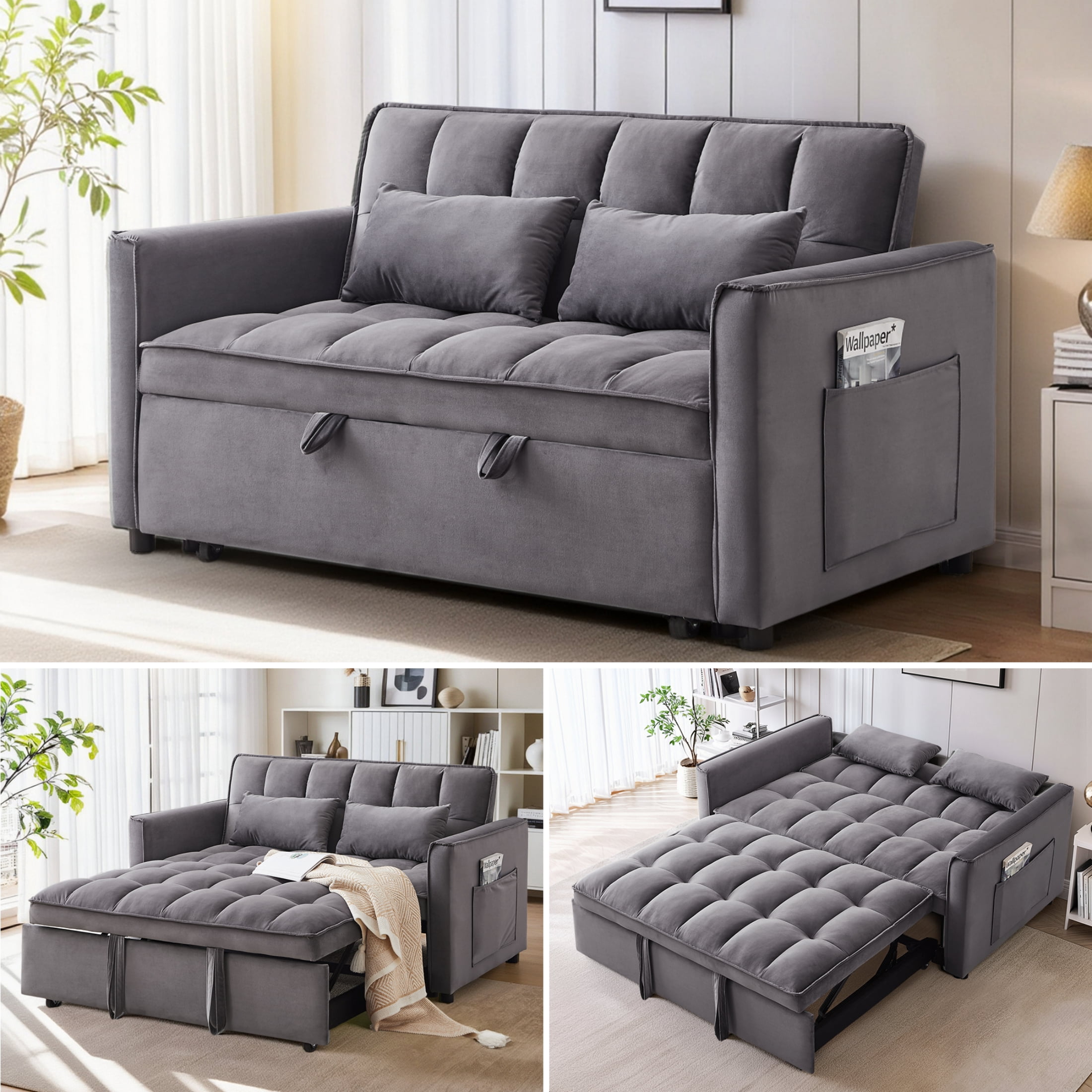 Anpport 3-in-1 Convertible Sleeper Sofa Bed, Pull-Out Loveseat Couch with Adjustable Back, Velvet Fabric, 55", Dark Gray