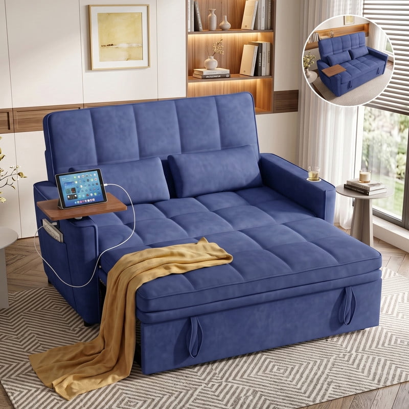 Anpport 3‑in‑1 Convertible Sleeper Sofa Bed, Pull‑Out Sofa with Side Desk, USB Ports, Cup Holders, Storage Armrests & Adjustable Backrest for Living Room Apartment, Blue