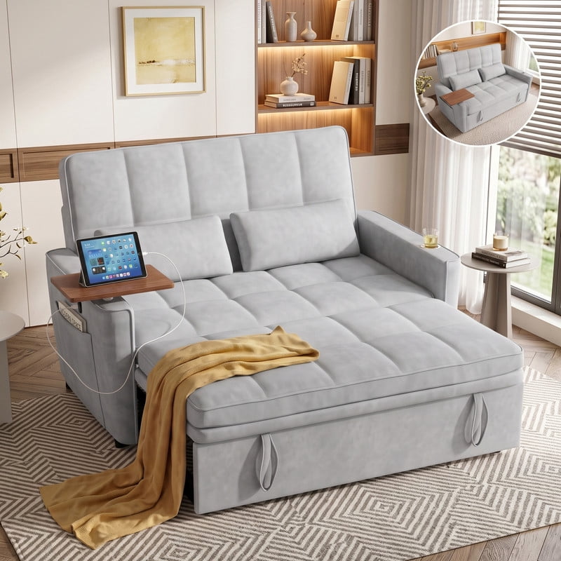 Anpport 3‑in‑1 Convertible Sleeper Sofa Bed, Pull‑Out Sofa with Side Desk, USB Ports, Cup Holders, Storage Armrests & Adjustable Backrest for Living Room Apartment, Light Gray