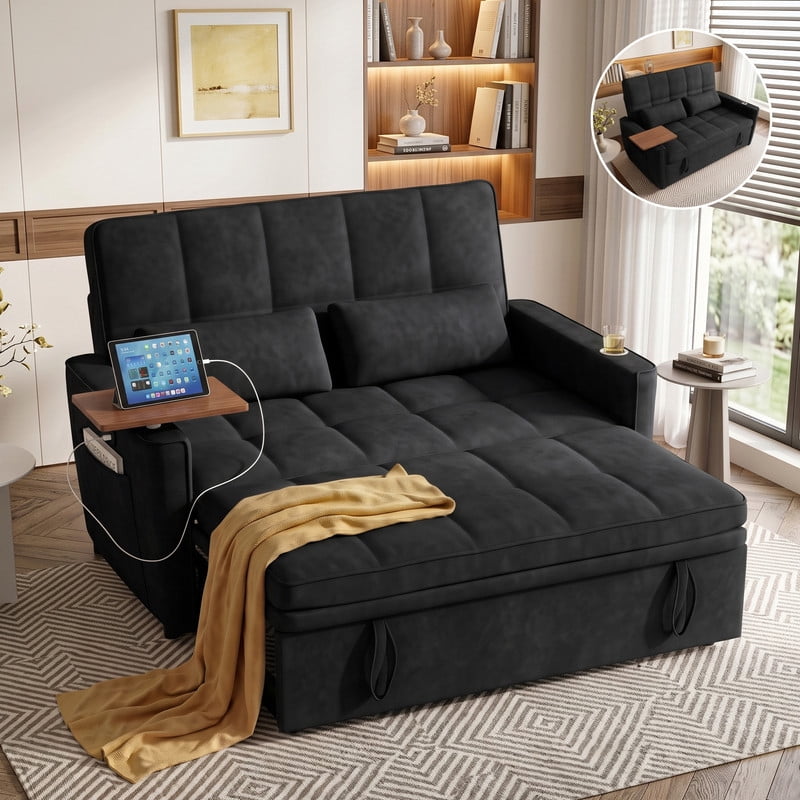 Anpport 3‑in‑1 Convertible Sleeper Sofa Bed, Pull‑Out Sofa with Side Desk, USB Ports, Cup Holders, Storage Armrests & Adjustable Backrest for Living Room Apartment, Black