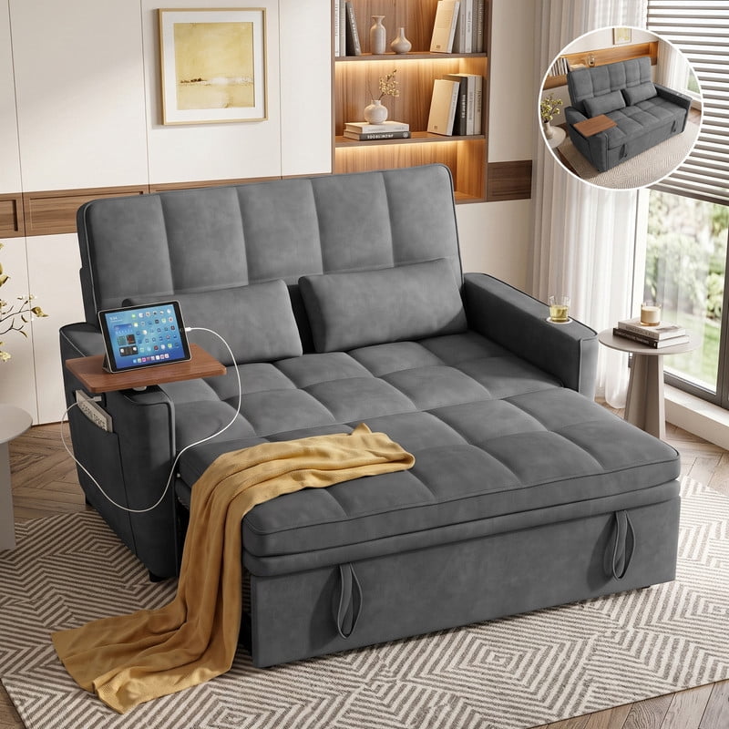 Anpport 3‑in‑1 Convertible Sleeper Sofa Bed, Pull‑Out Sofa with Side Desk, USB Ports, Cup Holders, Storage Armrests & Adjustable Backrest for Living Room Apartment, Dark Gray