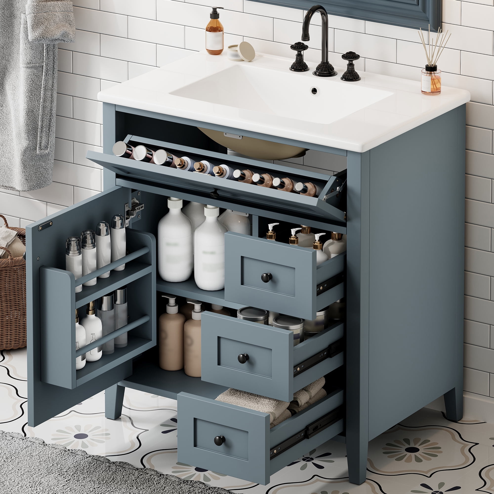 Anpport 30" Freestanding Bathroom Vanity with Sink, Modern MDF & Rubberwood Cabinet, 3 Drawers, Adjustable Shelf & Left‑Side Door, Blue Grey