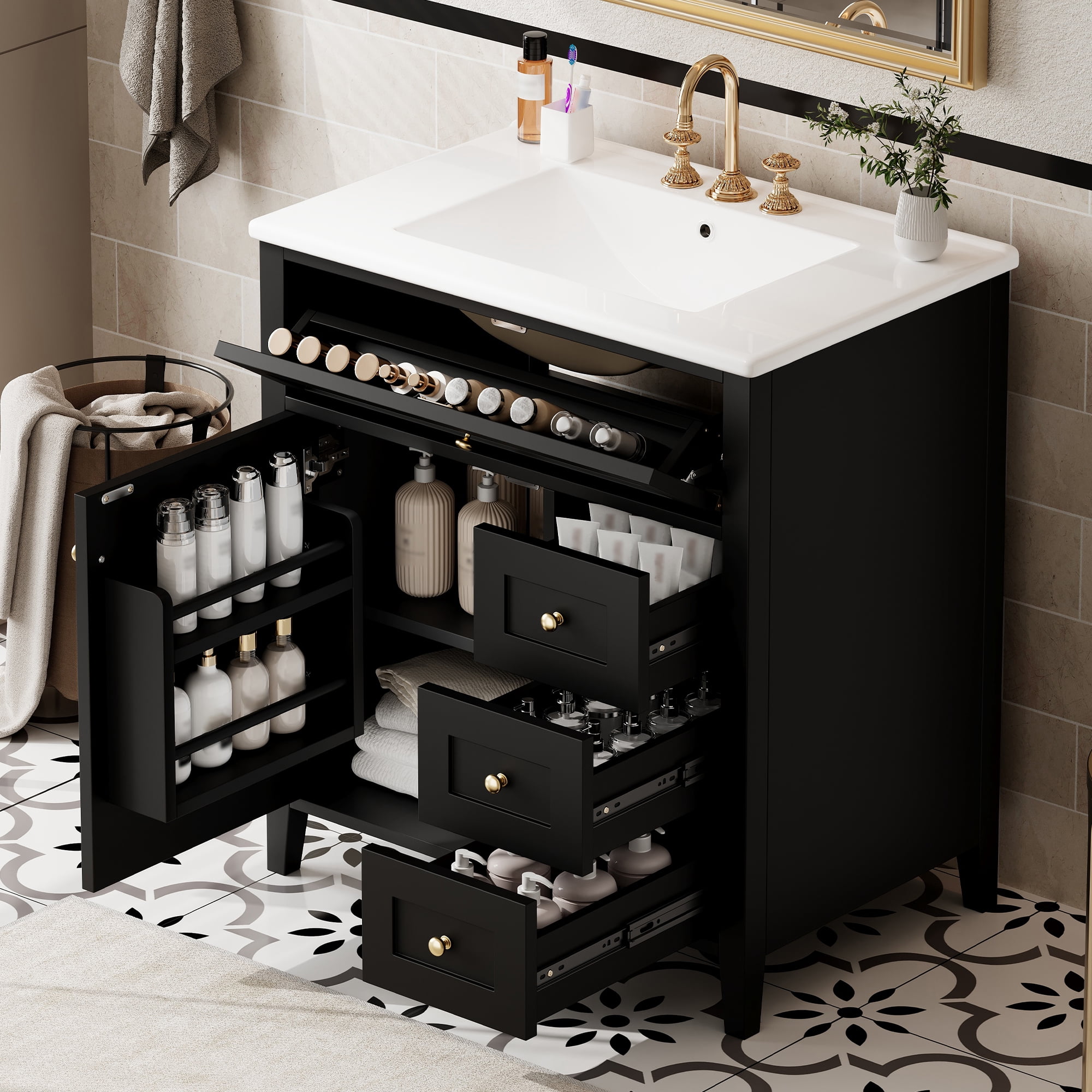 Anpport 30" Freestanding Bathroom Vanity with Sink, Modern MDF & Rubberwood Cabinet, 3 Drawers, Adjustable Shelf & Left‑Side Door, Black