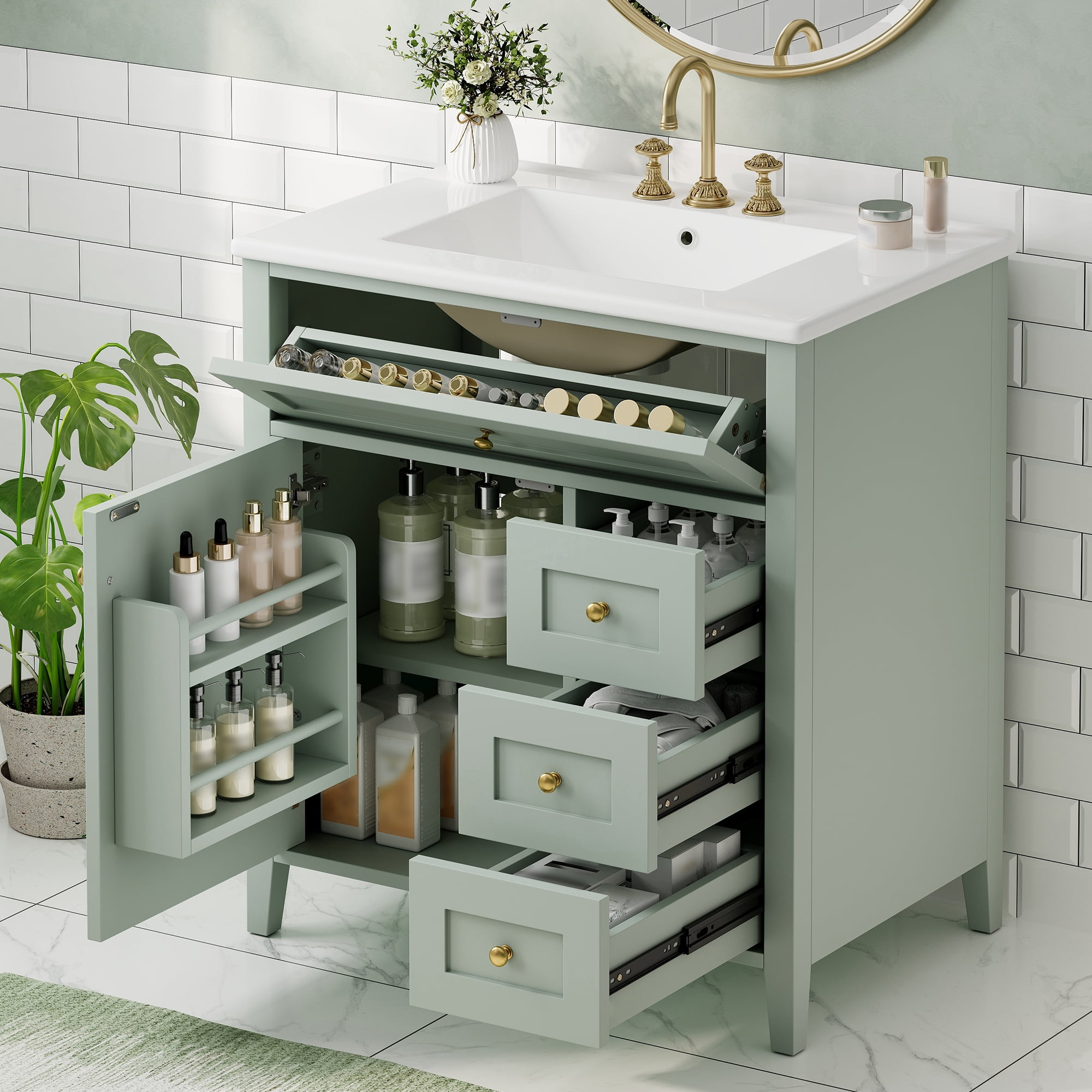 Anpport 30" Freestanding Bathroom Vanity with Sink, Modern MDF & Rubberwood Cabinet, 3 Drawers, Adjustable Shelf & Left‑Side Door, Light Green