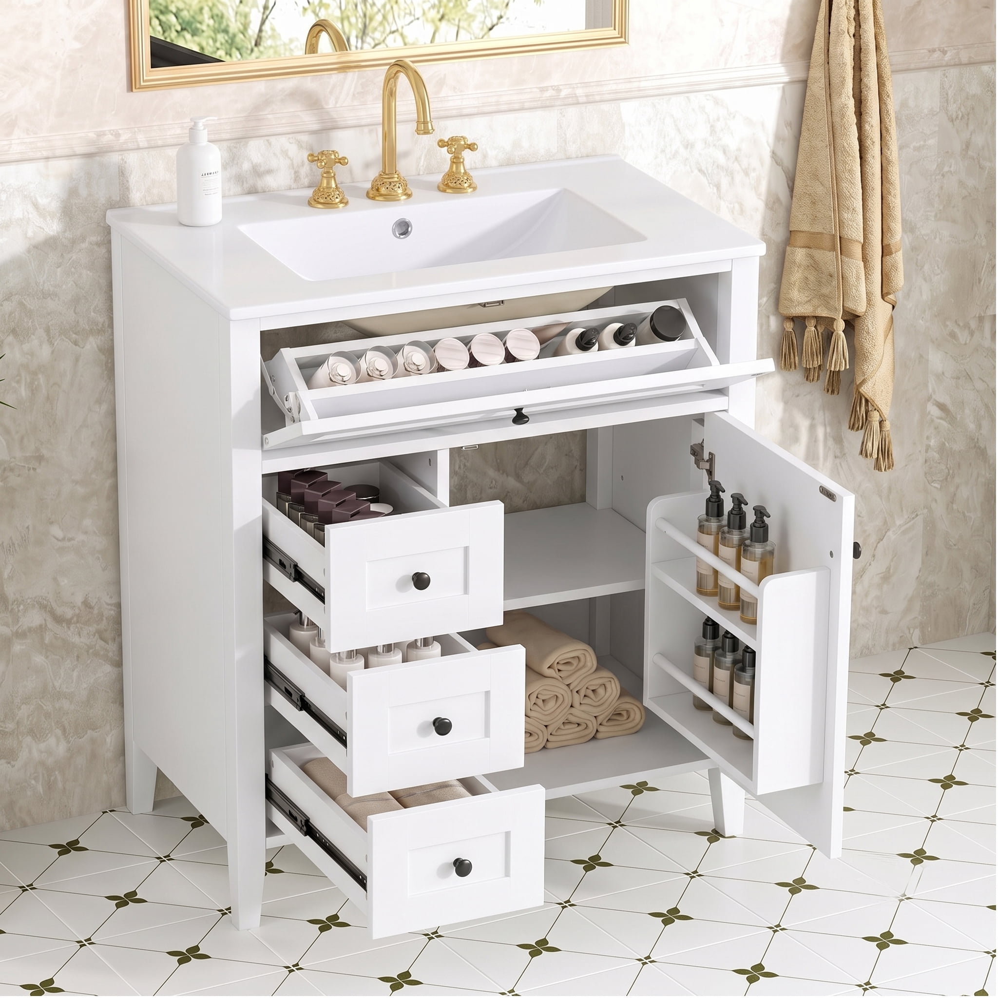 Anpport 30" Freestanding Bathroom Vanity with Sink, Modern MDF & Rubberwood Cabinet, 3 Drawers, Adjustable Shelf & Left‑Side Door, White