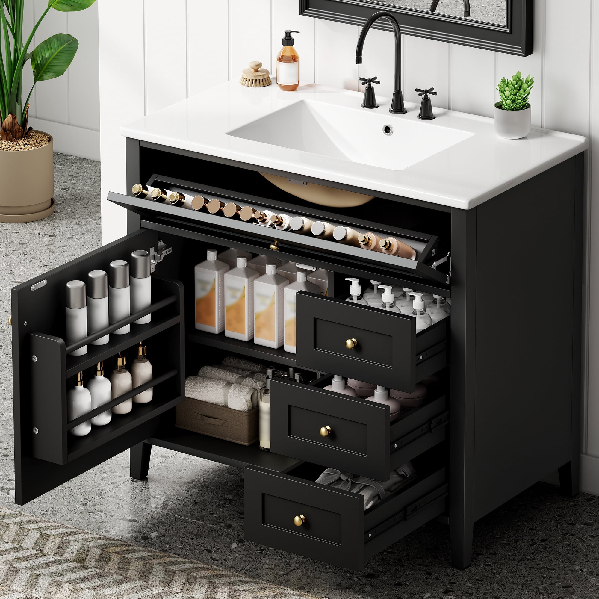 Anpport 36" Freestanding Bathroom Vanity with Sink, Modern MDF & Rubberwood Cabinet, 3 Drawers, Adjustable Shelf & Left‑Side Door, Black