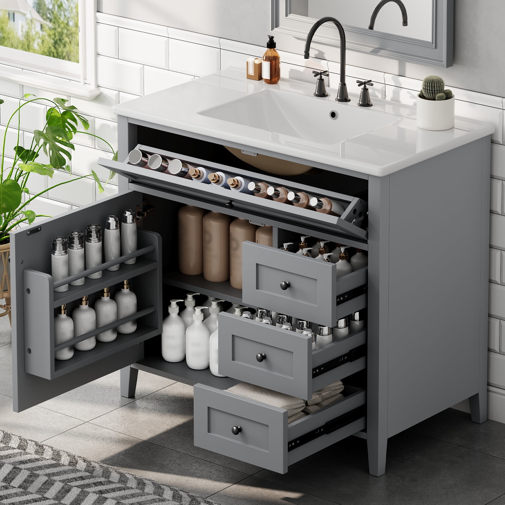 Anpport 36" Freestanding Bathroom Vanity with Sink, Modern MDF & Rubberwood Cabinet, 3 Drawers, Adjustable Shelf & Left‑Side Door, Grey