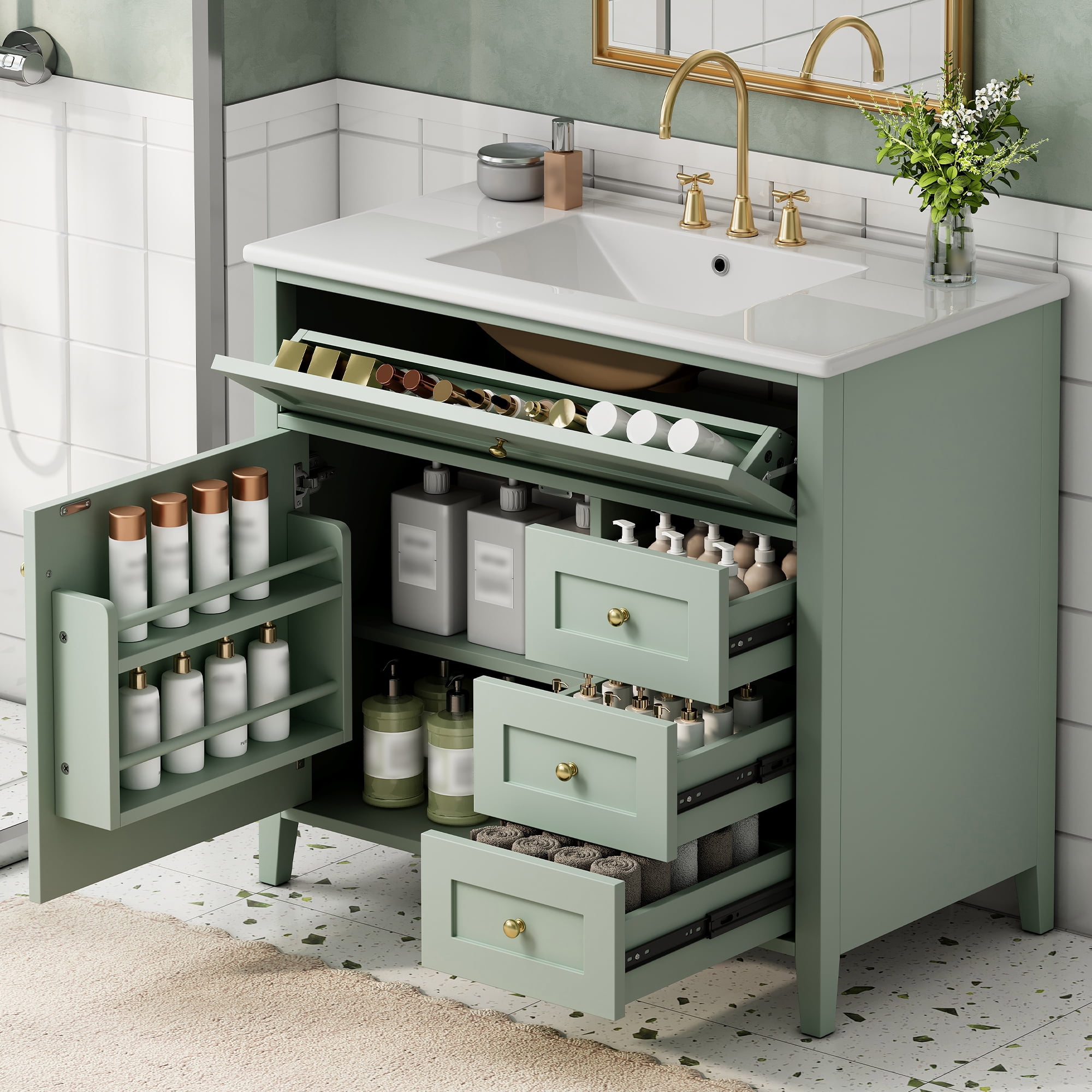 Anpport 36" Freestanding Bathroom Vanity with Sink, Modern MDF & Rubberwood Cabinet, 3 Drawers, Adjustable Shelf & Left‑Side Door, Light Green