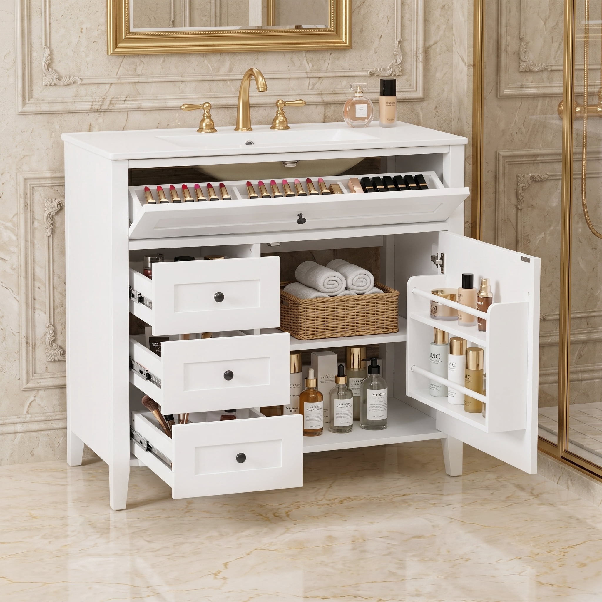 Anpport 36" Freestanding Bathroom Vanity with Sink, Modern MDF & Rubberwood Cabinet, 3 Drawers, Adjustable Shelf & Left‑Side Door, White