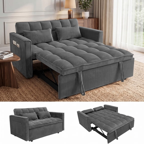 Anpport 54" Pull‑Out Sleeper Sofa Bed, 3‑in‑1 Convertible Corduroy Loveseat with Adjustable Backrest, Side Pockets & 2 Pillows, Multi‑Purpose Couch for Small Spaces, Dark Gray