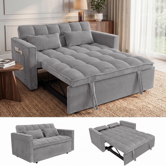 Anpport 54" Pull‑Out Sleeper Sofa Bed, 3‑in‑1 Convertible Corduroy Loveseat with Adjustable Backrest, Side Pockets & 2 Pillows, Multi‑Purpose Couch for Small Spaces, Light Gray