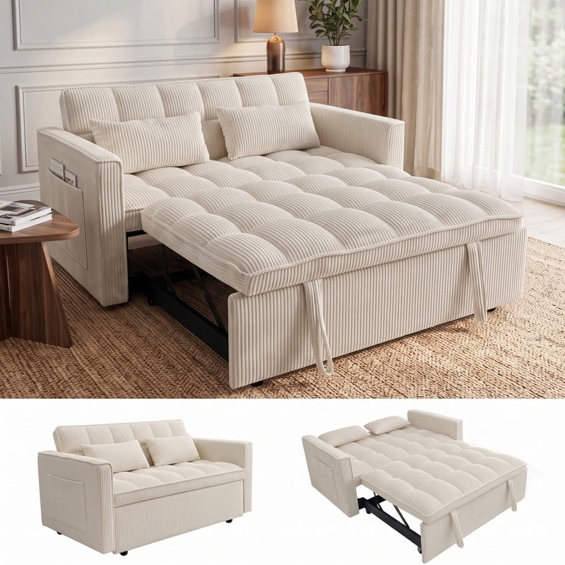 Anpport 54" 3‑in‑1 Convertible Sleeper Sofa Bed, Corduroy Pull‑Out Couch with Adjustable Backrest, Side Pockets & 2 Pillows for Small Spaces, Beige