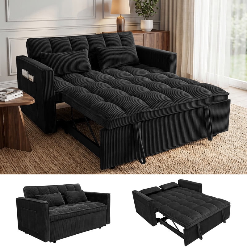 Anpport 54" 3‑in‑1 Convertible Sleeper Sofa Bed, Corduroy Pull‑Out Couch with Adjustable Backrest, Side Pockets & 2 Pillows for Small Spaces, Black