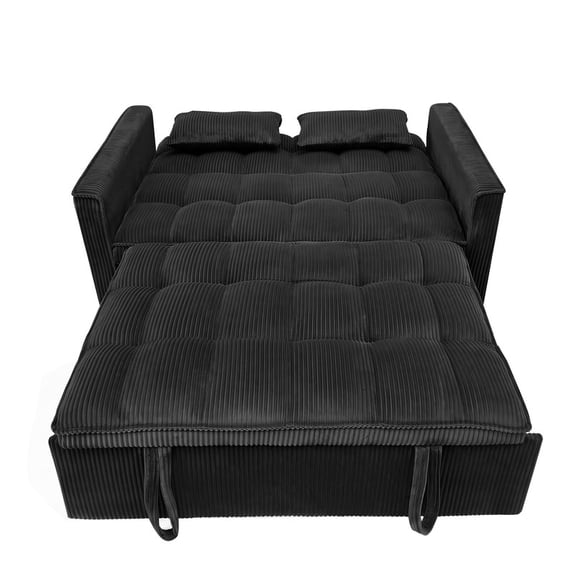 54" Black Corduroy Loveseat | 3-in-1 Pull-Out Sleeper Sofa Bed with Adjustable Backrest, Side Pockets & 2 Pillows