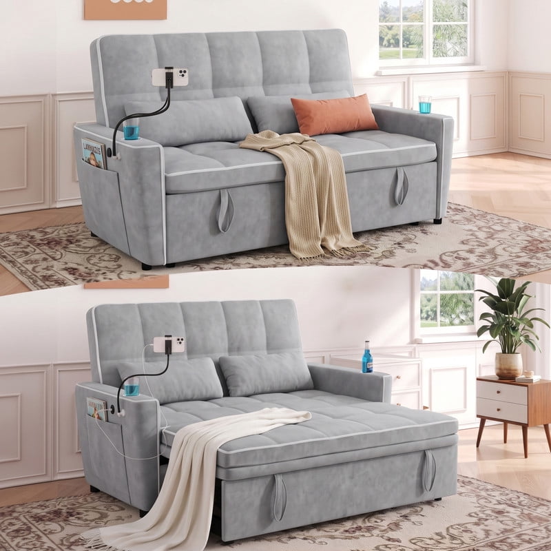Anpport 54" 3‑in‑1 Convertible Sleeper Sofa Bed, Loveseat with White Trim, USB Charging Port, Phone Stand, 2 Cup Holders and 2 Pillows for Living Room, Bedroom and Apartment, Light Gray