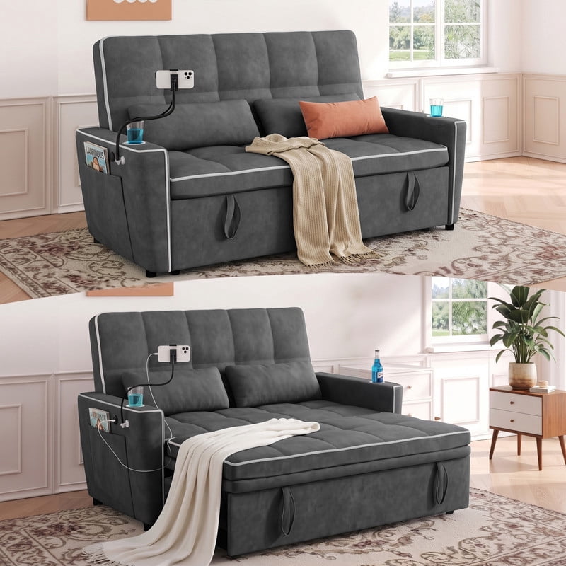 Anpport 54" 3‑in‑1 Convertible Sleeper Sofa Bed, Loveseat with White Trim, USB Charging Port, Phone Stand, 2 Cup Holders and 2 Pillows for Living Room, Bedroom and Apartment, Dark Gray