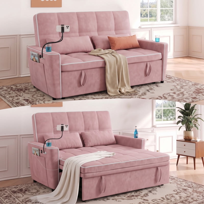 Anpport 54" 3‑in‑1 Convertible Sleeper Sofa Bed, Loveseat with White Trim, USB Charging Port, Phone Stand, 2 Cup Holders and 2 Pillows for Living Room, Bedroom and Apartment, Pink