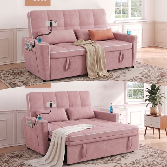 Anpport 54" 3‑in‑1 Convertible Sleeper Sofa Bed, Loveseat with White Trim, USB Charging Port, Phone Stand, 2 Cup Holders and 2 Pillows for Living Room, Bedroom and Apartment, Pink
