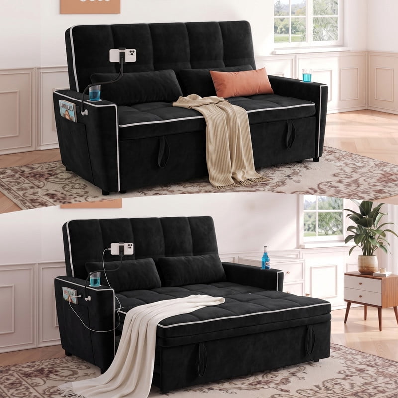 Anpport 54" 3‑in‑1 Convertible Sleeper Sofa Bed, Loveseat with White Trim, USB Charging Port, Phone Stand, 2 Cup Holders and 2 Pillows for Living Room, Bedroom and Apartment, Black