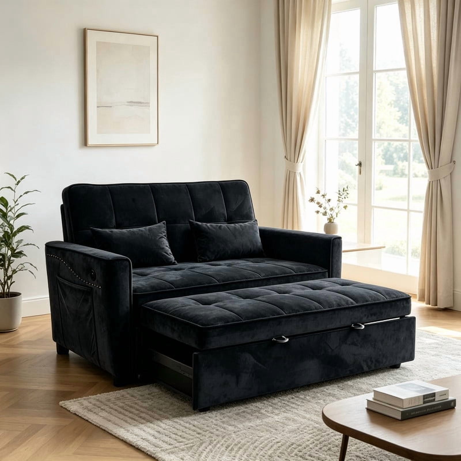 Anpport 54" 3‑in‑1 Convertible Sofa Bed, Sleeper Couch with USB Charging Port, Nailhead Trim & Throw Pillows, Loveseat for Living Room Apartment Small Space, Black