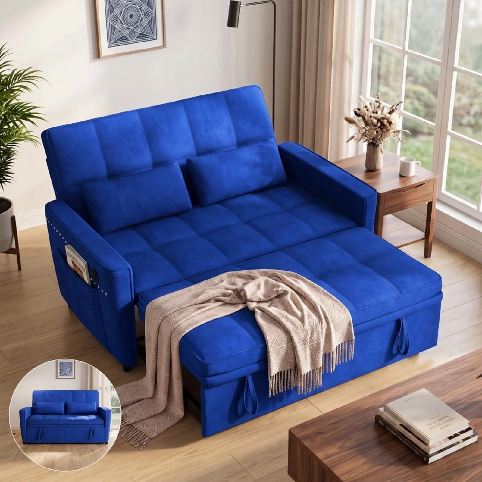 Anpport 54" 3‑in‑1 Convertible Sofa Bed, Sleeper Couch with USB Charging Port, Nailhead Trim & Throw Pillows, Loveseat for Living Room Apartment Small Space, Blue