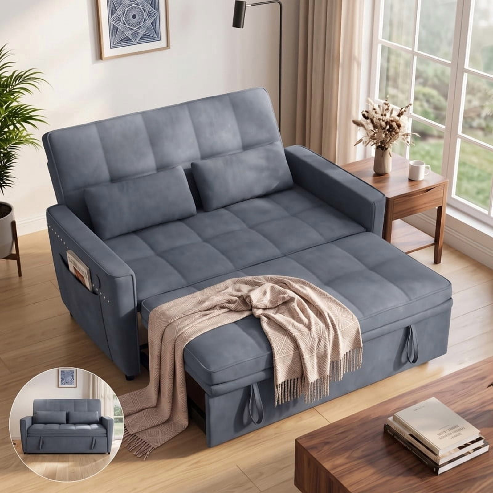 Anpport 54" 3‑in‑1 Convertible Sofa Bed, Sleeper Couch with USB Charging Port, Nailhead Trim & Throw Pillows, Loveseat for Living Room Apartment Small Space, Dark Grey