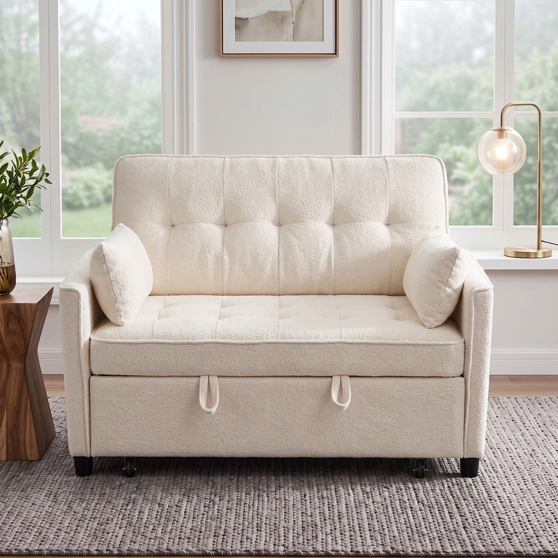 Anpport 54" 3‑in‑1 Convertible Sofa Bed, Towel Fabric, 3‑Position Adjustable Backrest with USB Charging Ports, for Living Room, Apartment, Beige