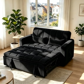 Anpport 55" Striped Corduroy Loveseat, Convertible Sleeper Sofa Bed for Small Spaces, Black
