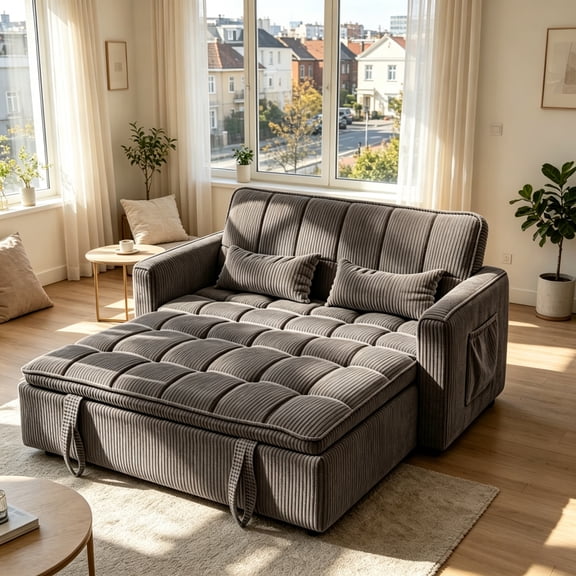 AISWORD 55" Striped Corduroy Loveseat, Convertible Sleeper Sofa Bed for Small Spaces, Dark Gray