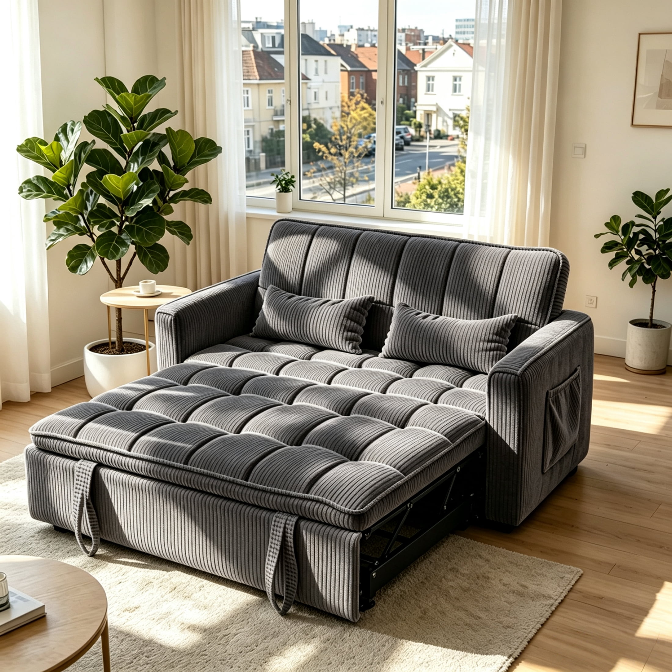 Anpport 55" Striped Corduroy Loveseat, Convertible Sleeper Sofa Bed for Small Spaces, Dark Gray