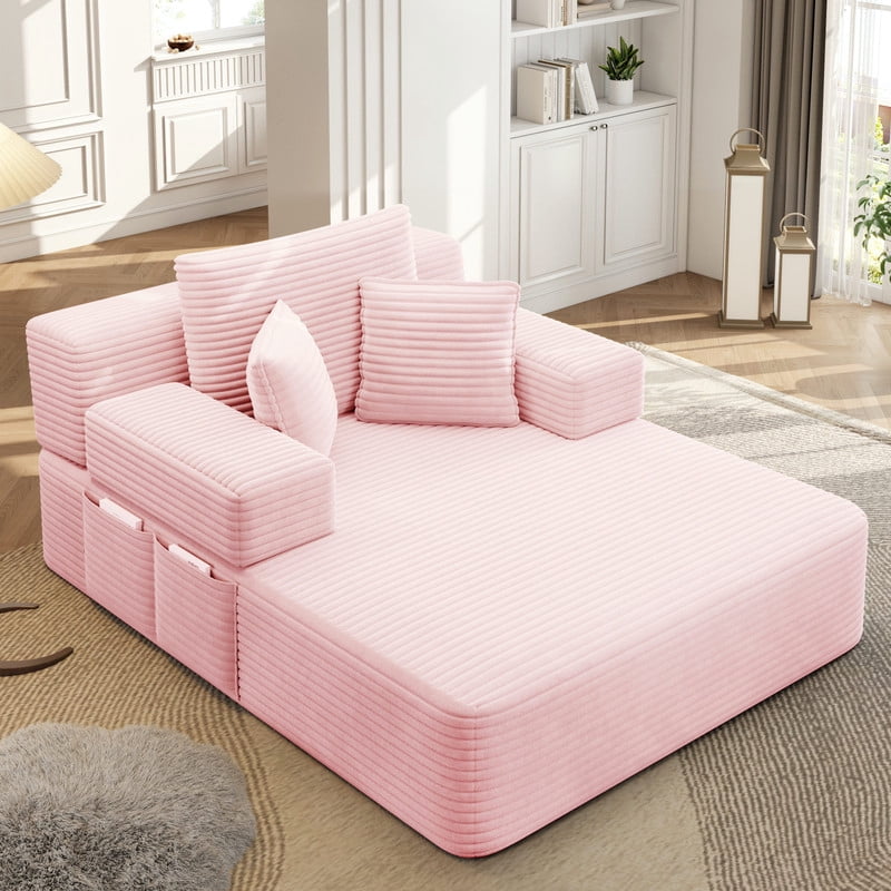 Anpport 60.2" Plush Corduroy Chaise Lounge, Frameless Convertible Sleeper Sofa Bed with Storage Pockets, 3 Soft Pillows, No Assembly, Baby Pink