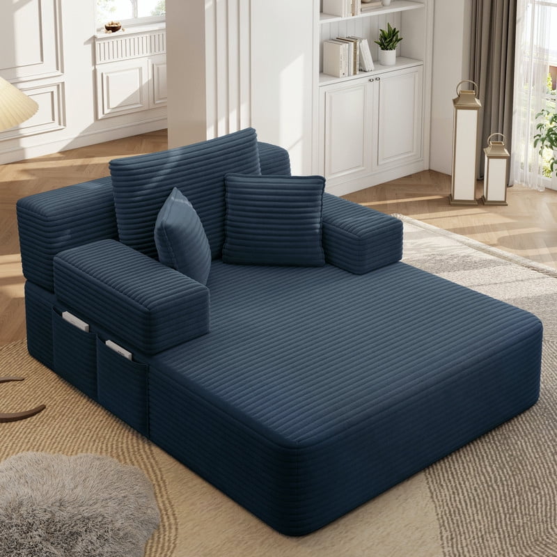 Anpport 60.2" Plush Corduroy Chaise Lounge, Frameless Convertible Sleeper Sofa Bed with Storage Pockets, 3 Soft Pillows, No Assembly, Blue