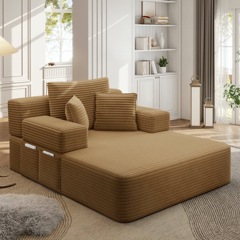 Anpport 60.2" Plush Corduroy Chaise Lounge, Frameless Convertible Sleeper Sofa Bed with Storage Pockets, 3 Soft Pillows, No Assembly, Camel
