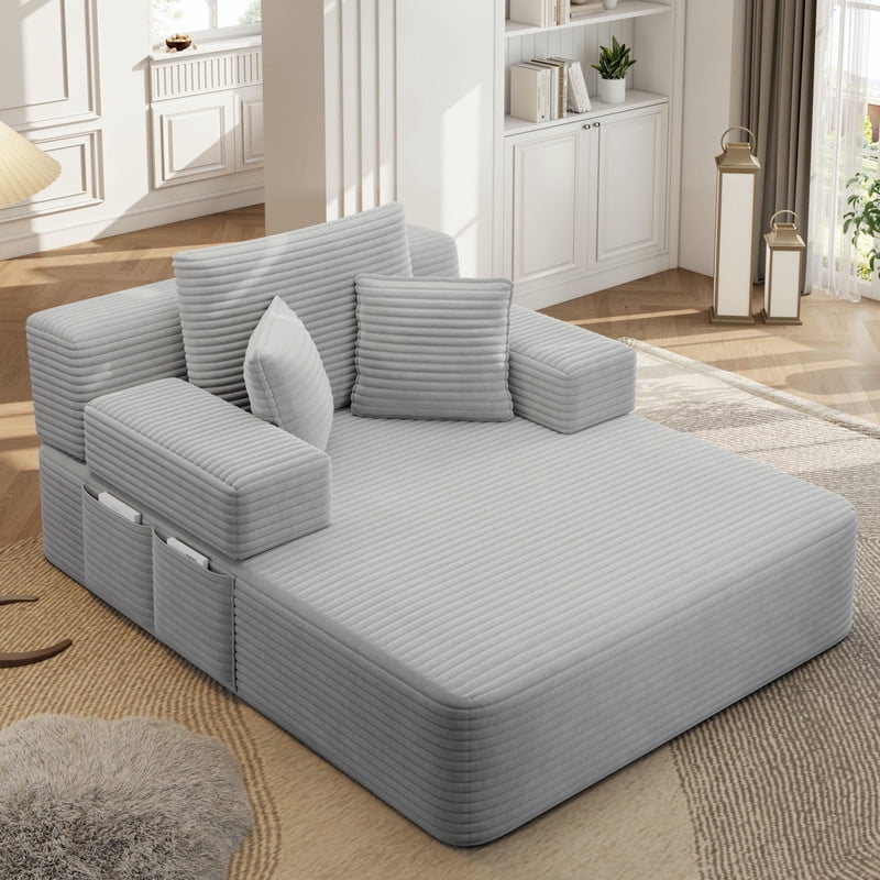 Anpport 60.2" Plush Corduroy Chaise Lounge, Frameless Convertible Sleeper Sofa Bed with Storage Pockets, 3 Soft Pillows, No Assembly, Light Grey