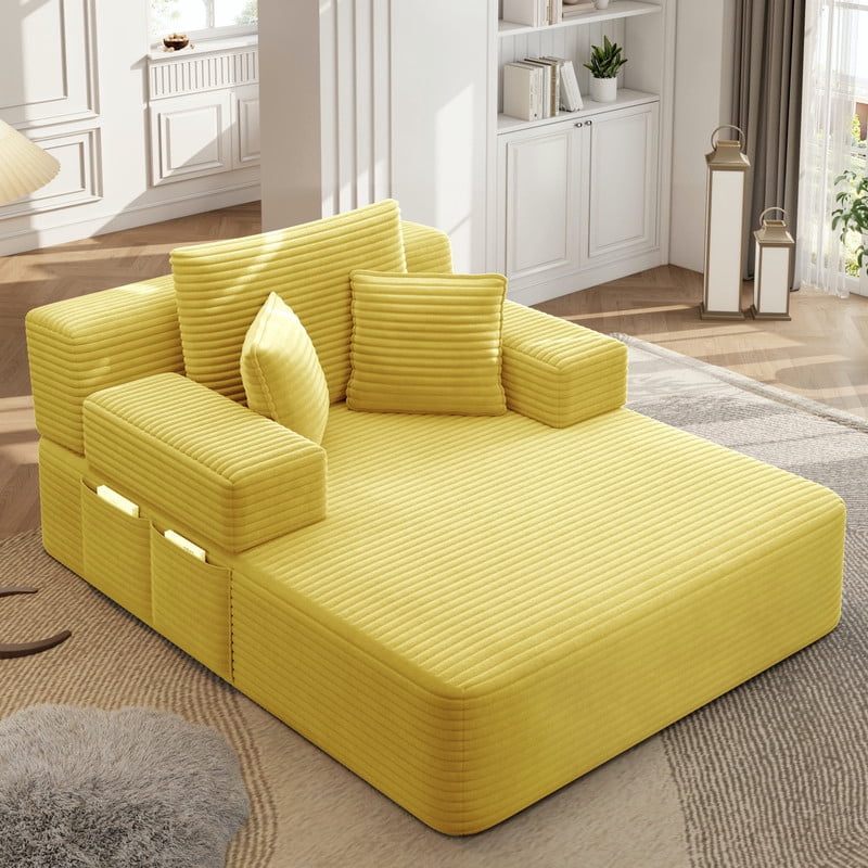 Anpport 60.2" Plush Corduroy Chaise Lounge, Frameless Convertible Sleeper Sofa Bed with Storage Pockets, 3 Soft Pillows, No Assembly, Yellow