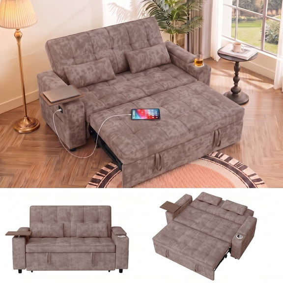 Anpport 65" Chenille Sleeper Sofa, Pull Out Sofa Bed with Side Table, Cup Holder & USB Port, Multi-Functional Convertible Couch for Living Room, Brown