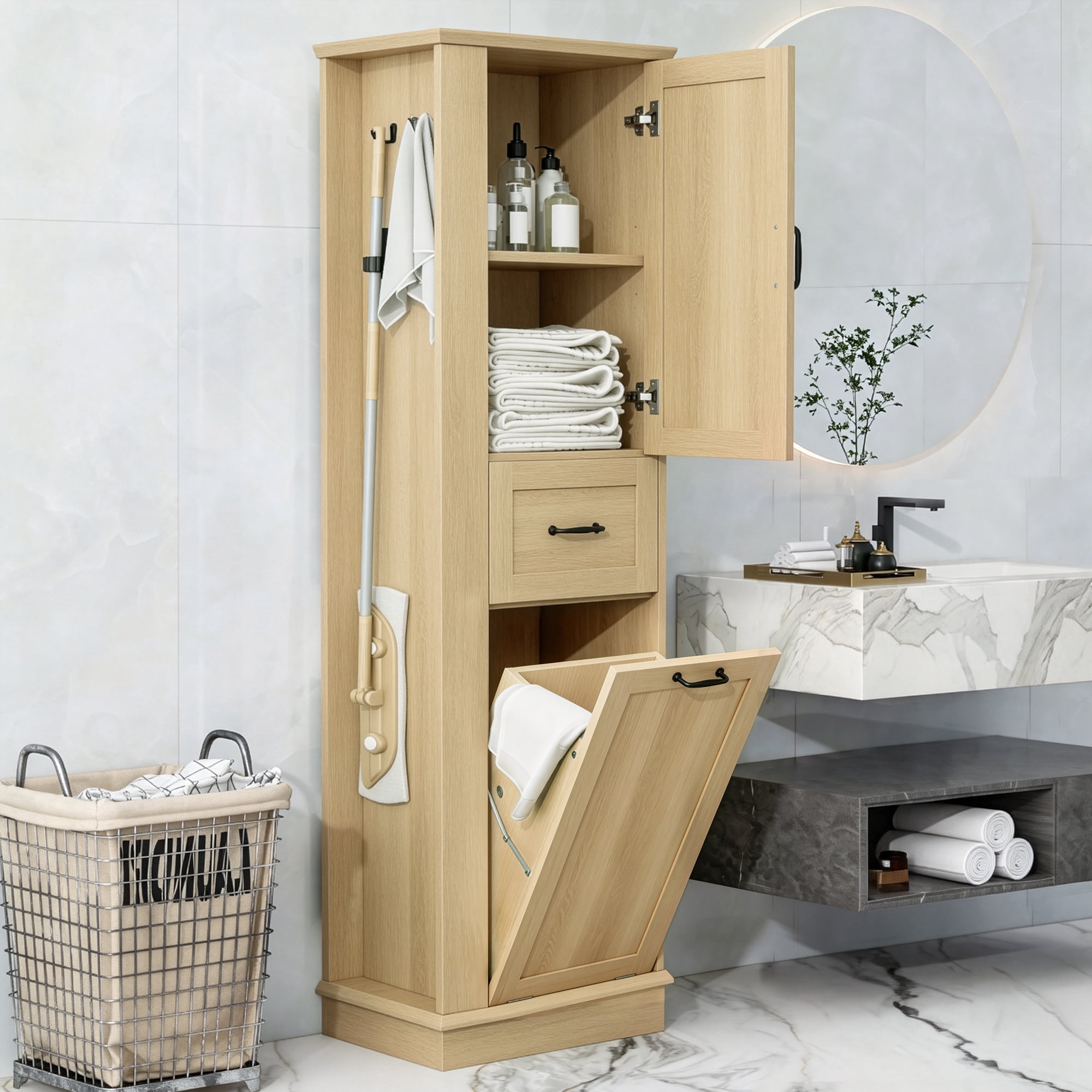 Anpport 67.8" Tall Storage Cabinet, Soft Close Doors & Adjustable Shelves, Freestanding Organizer for Bathroom & Home Organization, Natural