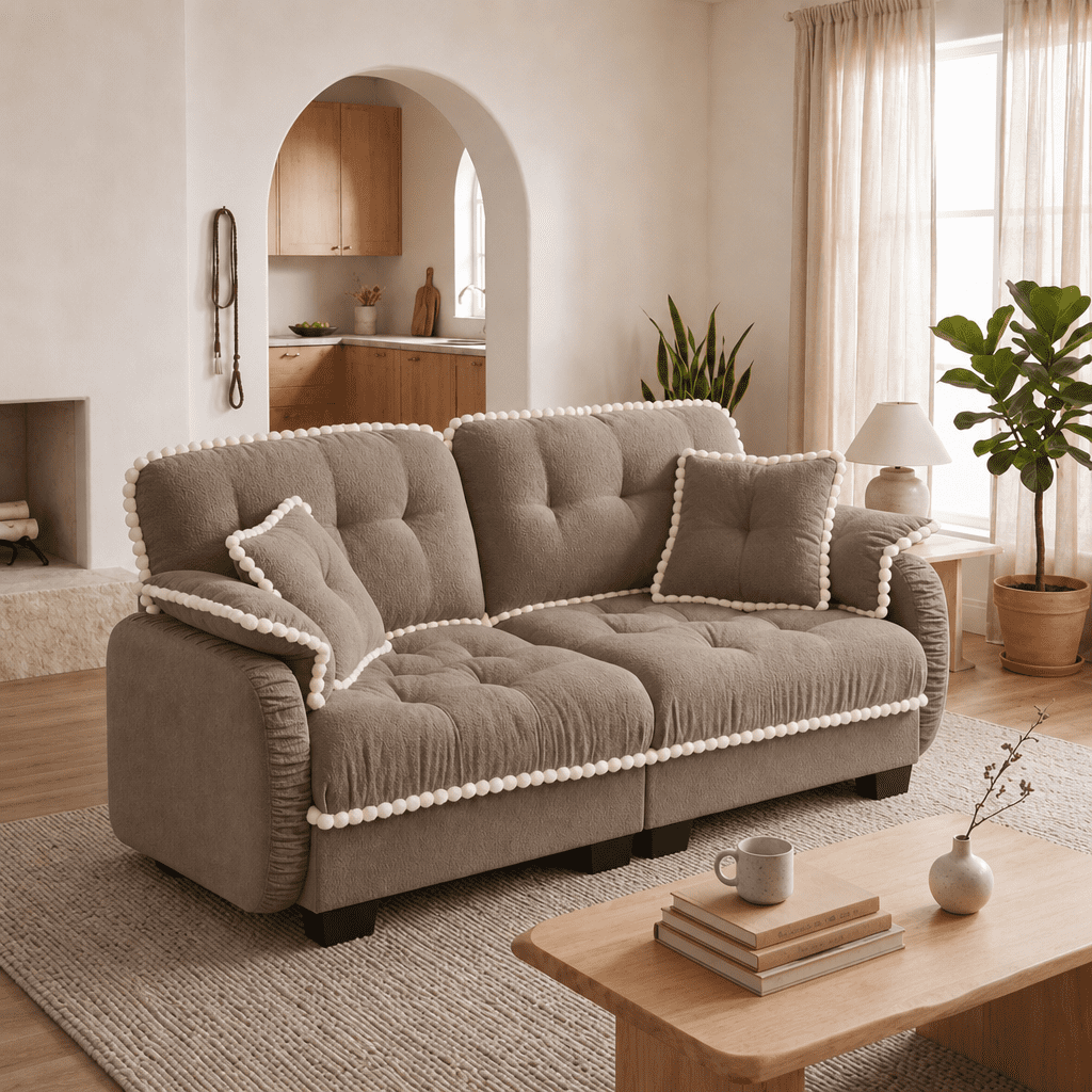 Anpport 70" Chenille Cloud Loveseat with 4 Pillows, Pom‑Pom Trim, Quilted Tufted Ergonomic, Easy Assembly Deep Seat for Living Room Apartment, Brown