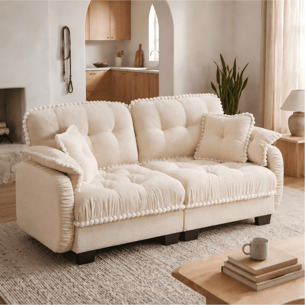 Anpport 70" Chenille Cloud Loveseat with 4 Pillows, Pom‑Pom Trim, Quilted Tufted Ergonomic, Easy Assembly Deep Seat for Living Room Apartment, Cream