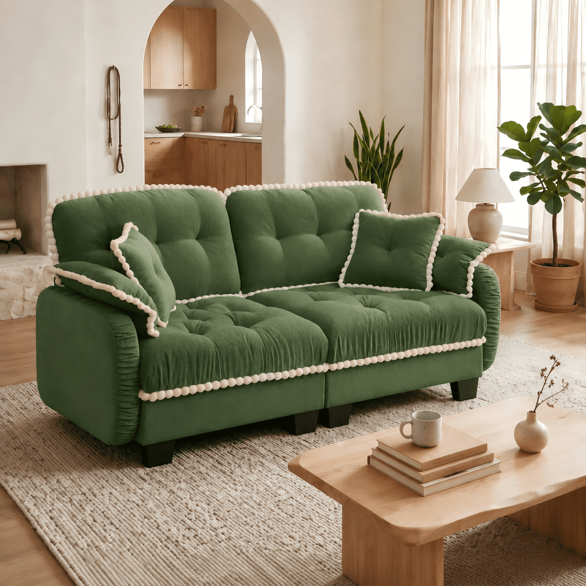 Anpport 70" Chenille Cloud Loveseat with 4 Pillows, Pom‑Pom Trim, Quilted Tufted Ergonomic, Easy Assembly Deep Seat for Living Room Apartment, Green