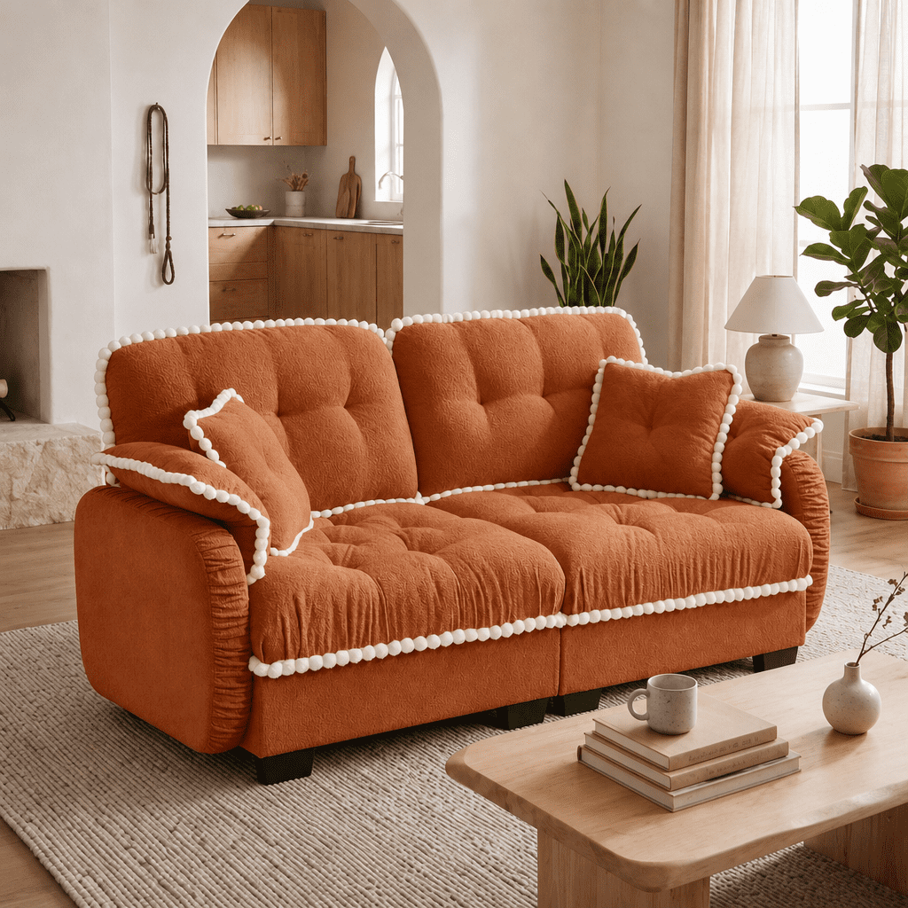 Anpport 70" Chenille Cloud Loveseat with 4 Pillows, Pom‑Pom Trim, Quilted Tufted Ergonomic, Easy Assembly Deep Seat for Living Room Apartment, Orange