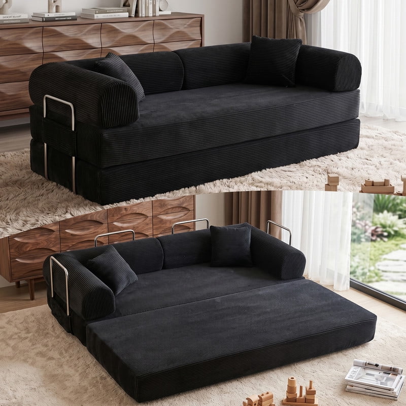 Anpport 78.8" Compression Boneless Sectional Sofa, Convertible Floor Sleeper Bed with Pillow Back Armrest, Corduroy Fabric, Black, for Living Room Bedroom