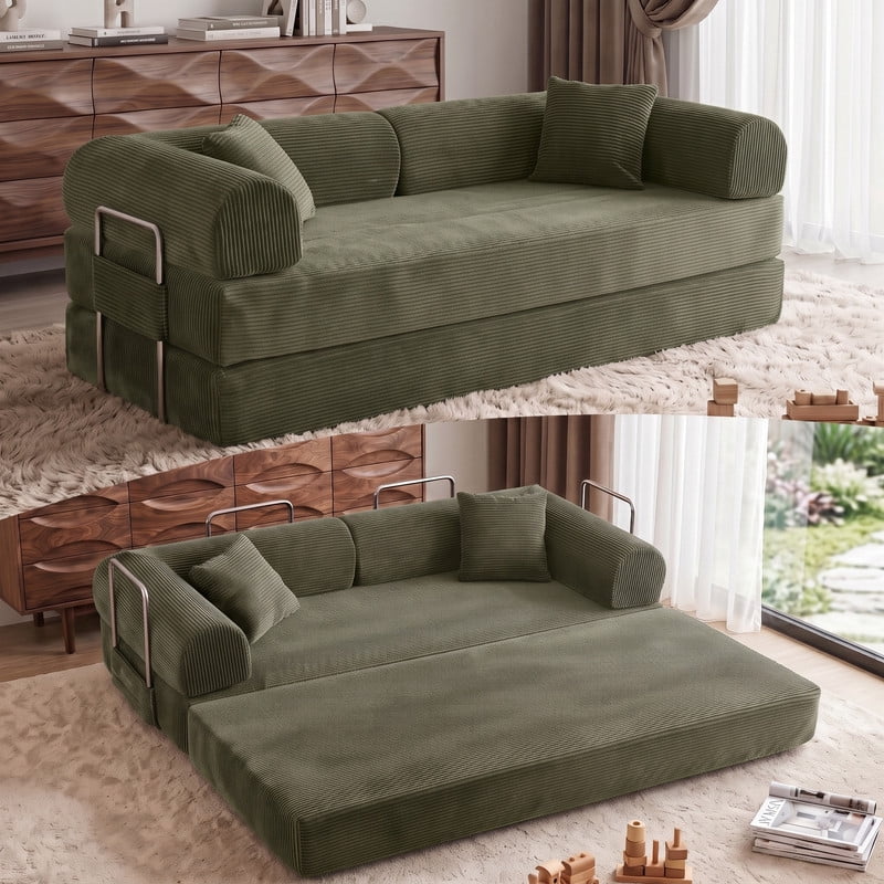 Anpport 78.8" Compression Boneless Sectional Sofa, Convertible Floor Sleeper Bed with Pillow Back Armrest, Corduroy Fabric, Green, for Living Room Bedroom