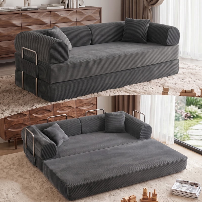 Anpport 78.8" Compression Boneless Sectional Sofa, Convertible Floor Sleeper Bed with Pillow Back Armrest, Corduroy Fabric, Grey, for Living Room Bedroom