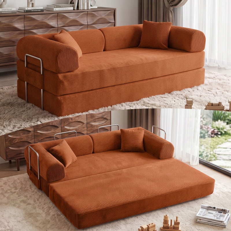 Anpport 78.8" Compression Boneless Sectional Sofa, Convertible Floor Sleeper Bed with Pillow Back Armrest, Corduroy Fabric, Tangerine, for Living Room Bedroom