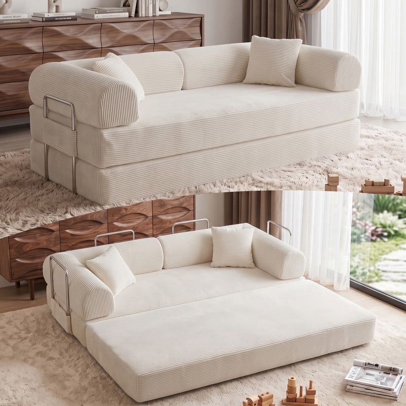 Anpport 78.8" Compression Boneless Sectional Sofa, Convertible Floor Sleeper Bed with Pillow Back Armrest, Corduroy Fabric, White, for Living Room Bedroom