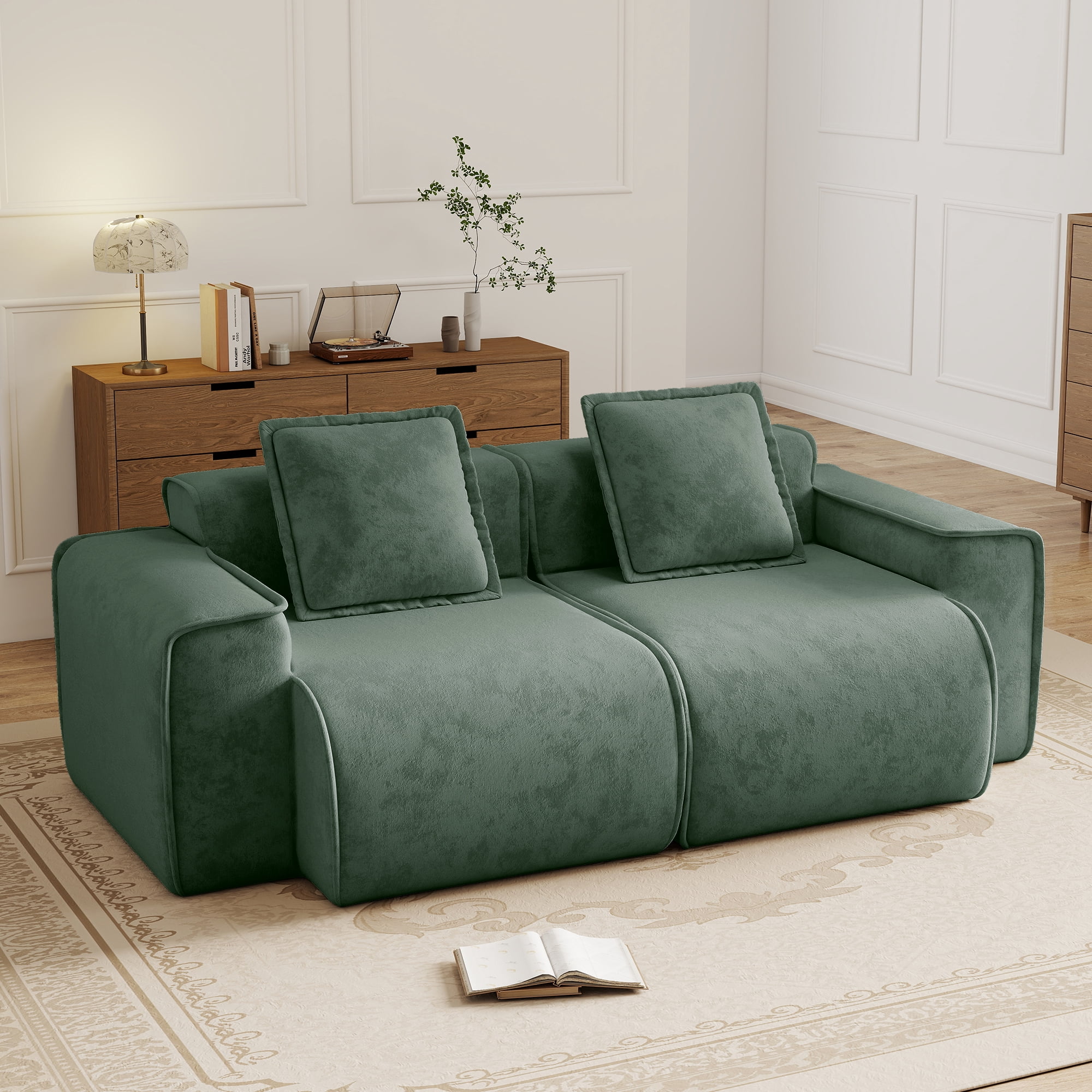 Anpport 78" Modular Sectional Cloud Loveseat Sofa, 2‑Seater Premium Velvet Upholstered Couch with Pillows, No Assembly, for Living Room, Bedroom & Small Apartment, Green