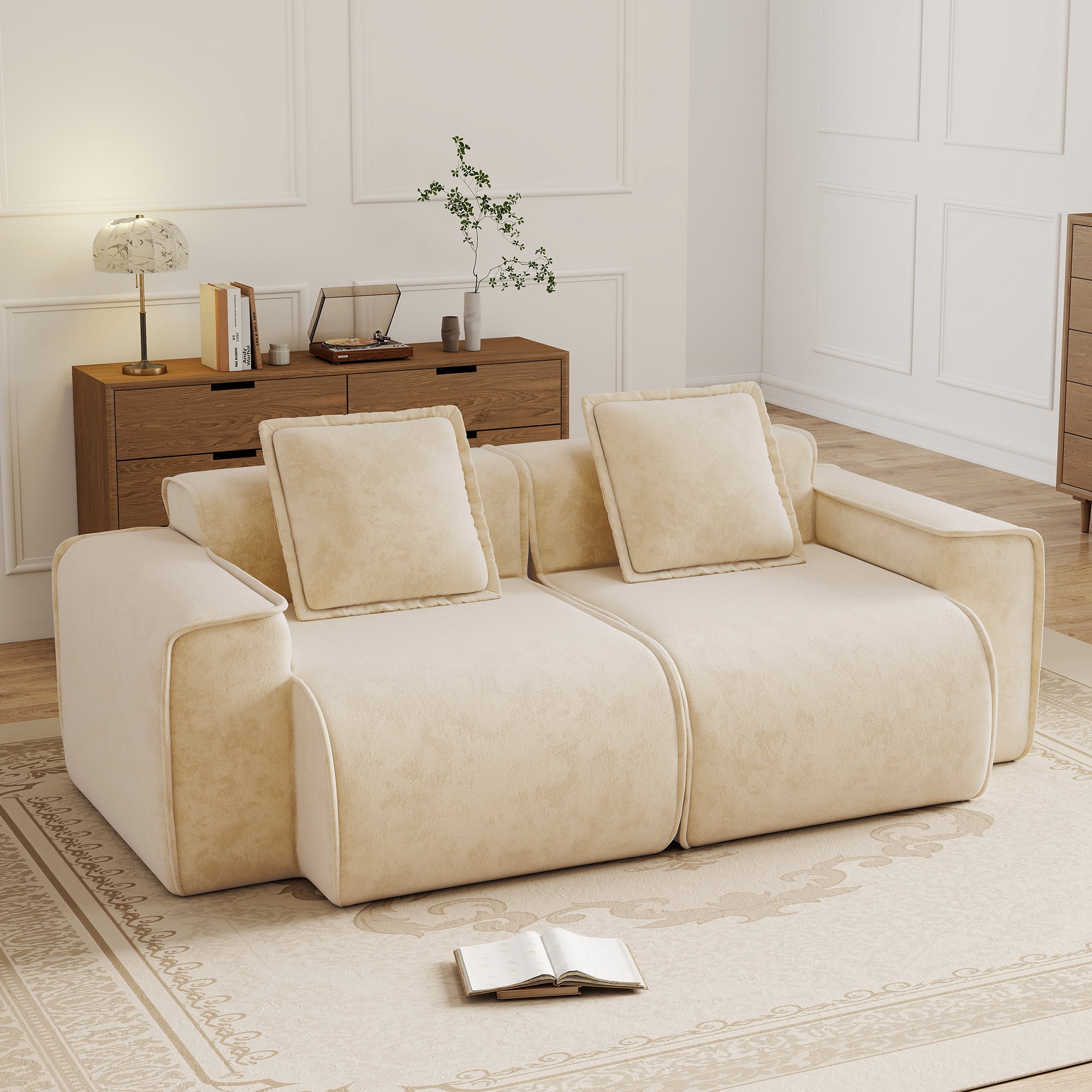 Anpport 78" Modular Sectional Cloud Loveseat Sofa, 2‑Seater Premium Velvet Upholstered Couch with Pillows, No Assembly, for Living Room, Bedroom & Small Apartment, Light Camel